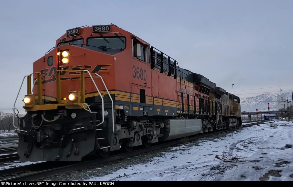 Real In Your Face Shot as The Engineer on BNSF 3680 Lays On The K5HLR-2 Air Horn as She Heads east with the Snow Covered Wasatch Mountais in The Background :)))